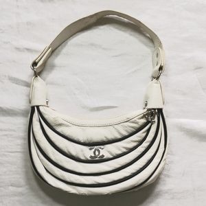 90's Chanel Small Hobo White Leather and Black Ribbing Striped Bag